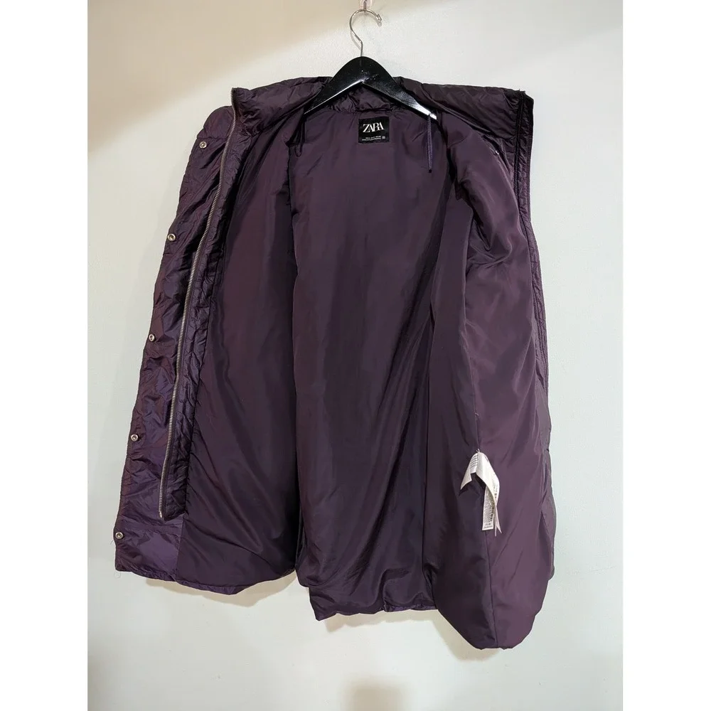Zara Down Puffer Jacket Small Deep Purple 60/40 Feather Water Repellent Hooded‎ - Picture 7 of 8